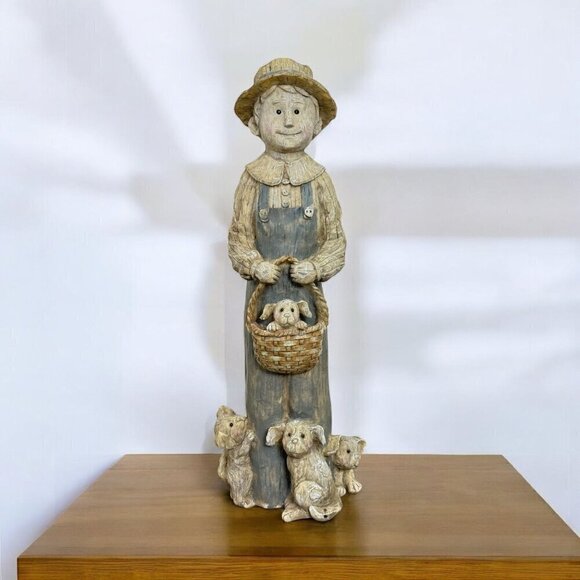 Country Boy With Puppies Basket Wood Look Resin 17" Tall Figurine Sculptures - Picture 1 of 15